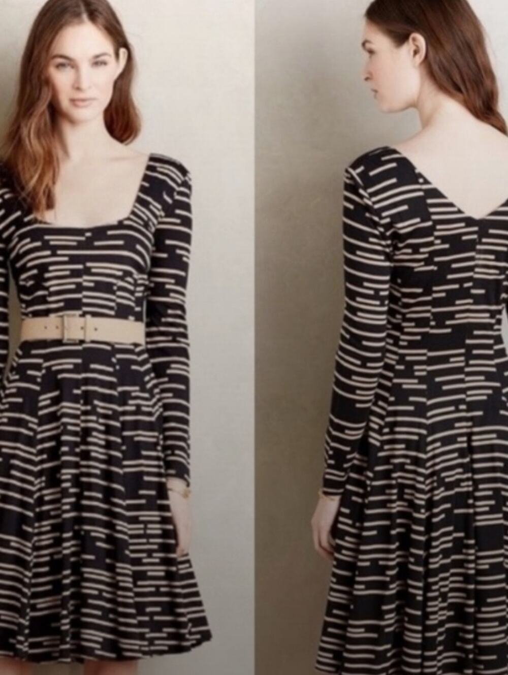 Anthropologie Black and Cream Long-Sleeve Fit-and-Flare Dress